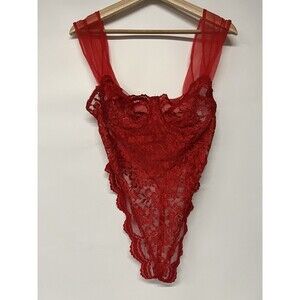 Vintage Cinema Etoile Sheer Lace Red Teddy Bodysuit Large Thong U.S.A.